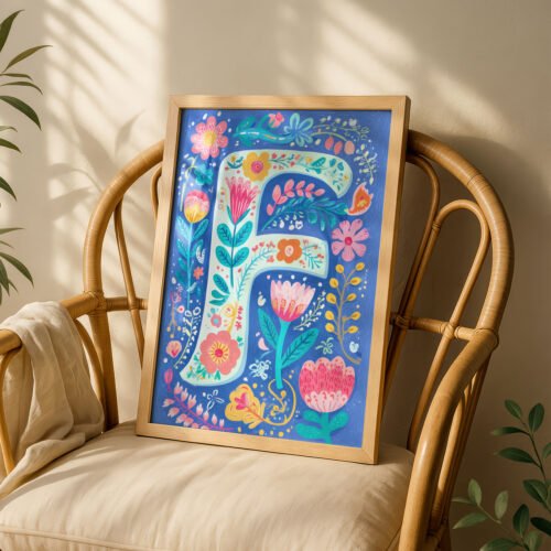 Letter F Floral Art Print -  Floral Initial Nursery Decor - Whimsical Folk Flower Monogram - Baby Name Sign