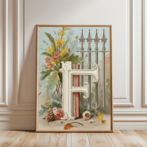 Letter F Botanical Monogram Poster - Cottagecore Nursery Decor - Vintage Floral Alphabet Wall Art - Retro Typography