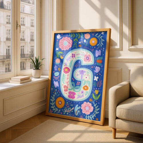 Letter G Floral Art Print - Girl Nursery Initial Poster - Whimsical Folk Flower Monogram - Baby Shower Gift