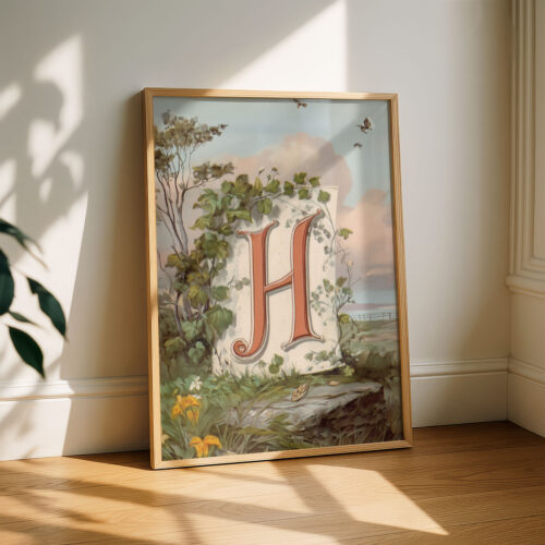 Letter H Botanical Monogram Poster - Cottagecore Nursery Decor - Vintage Floral Alphabet Wall Art - Retro Typography
