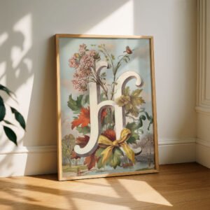 Letter H Botanical Monogram Poster - Cottagecore Nursery Decor - Vintage Floral Alphabet Wall Art - Retro Typography
