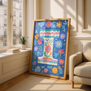 Letter I Floral Art Print -  Floral Initial Nursery Decor - Whimsical Folk Flower Monogram - Baby Shower Gift