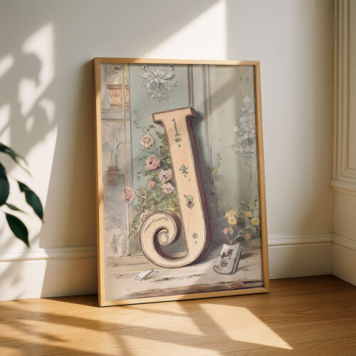 Letter J Botanical Monogram Poster - Cottagecore Nursery Decor - Vintage Floral Alphabet Wall Art - Retro Typography