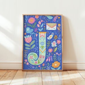 Letter J Floral Art Print -  Floral Initial Nursery Decor - Whimsical Folk Flower Monogram - Baby Shower Gift