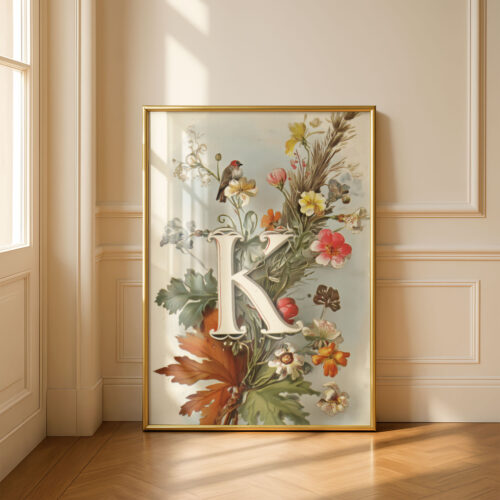 Letter K Vintage Floral Art Print - Victorian Garden Decor - Antique Botanical Monogram - Wedding Gift