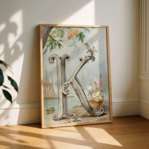 Letter K Vintage Floral Art Print - Victorian Garden Decor - Antique Botanical Monogram - Wedding Gift