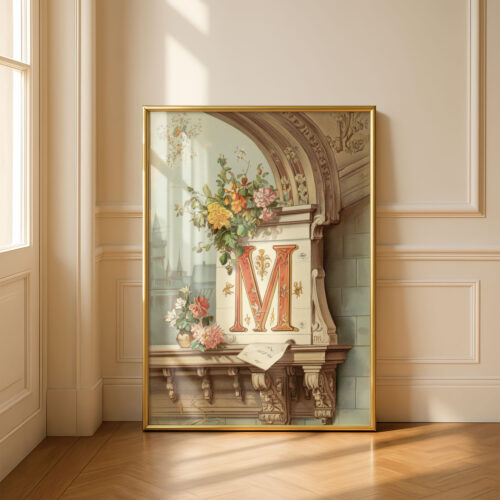 Letter M Botanical Monogram Poster - Cottagecore Nursery Decor - Vintage Floral Alphabet Wall Art - Retro Typography