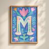 Letter M Floral Alphabet Decor - Girl Nursery Initial Poster - Whimsical Folk Flower Monogram - Baby Shower Gift