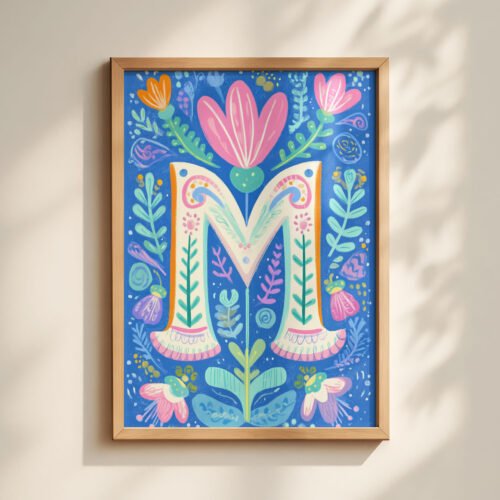 Letter M Floral Alphabet Decor - Girl Nursery Initial Poster - Whimsical Folk Flower Monogram - Baby Shower Gift
