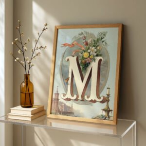 Letter M Botanical Monogram Poster - Cottagecore Nursery Decor - Vintage Floral Alphabet Wall Art - Retro Typography