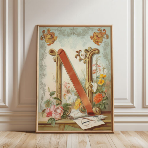 Letter N Vintage Floral Art Print - Victorian Garden Decor - Antique Botanical Monogram - Wedding Gift