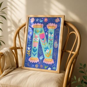 Letter N Floral Art Print - Girl Nursery Initial Poster - Colorfol Flower Monogram - Baby Name Sign