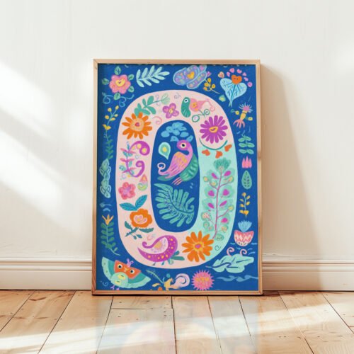 Letter O Floral Alphabet Decor - Girl Nursery Initial Poster - Whimsical Folk Flower Monogram - Baby Shower Gift