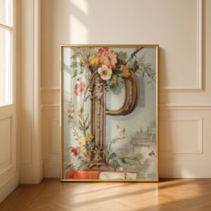 Letter P Botanical Monogram Poster - Cottagecore Nursery Decor - Vintage Floral Alphabet Wall Art - Retro Typography