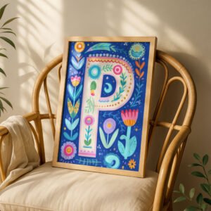 Letter P Floral Art Print - Girl Nursery Initial Poster - Whimsical Folk Flower Monogram - Baby Shower Gift