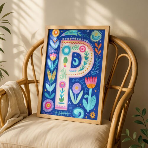 Letter P Floral Art Print - Girl Nursery Initial Poster - Whimsical Folk Flower Monogram - Baby Shower Gift