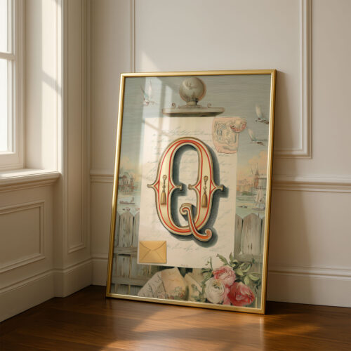 Letter Q Botanical Monogram Poster - Cottagecore Nursery Decor - Vintage Floral Alphabet Wall Art - Retro Typography