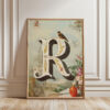 Letter R Botanical Monogram Poster - Cottagecore Nursery Decor - Vintage Floral Alphabet Wall Art - Retro Typography