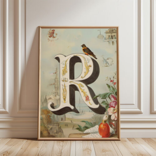 Letter R Botanical Monogram Poster - Cottagecore Nursery Decor - Vintage Floral Alphabet Wall Art - Retro Typography
