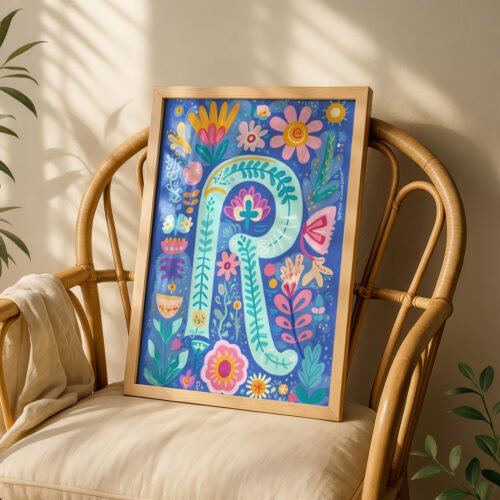 image.png Letter R Floral Art Print - Girl Nursery Initial Poster - Whimsical Folk Flower Monogram - Baby Name Sign