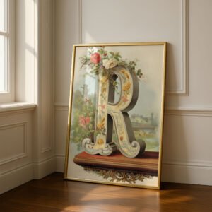 Letter R Botanical Monogram Poster - Cottagecore Nursery Decor - Vintage Floral Alphabet Wall Art - Retro Typography