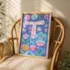 Letter T Floral Alphabet Decor - Girl Nursery Initial Poster - Whimsical Folk Flower Monogram - Baby Shower Gift