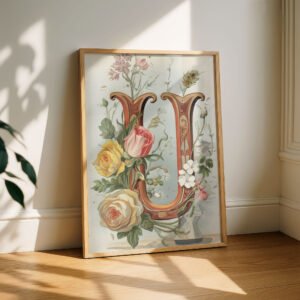 Letter U Botanical Monogram Poster - Cottagecore Nursery Decor - Vintage Floral Alphabet Wall Art - Retro Typography