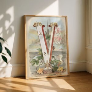 Letter V Botanical Monogram Poster - Cottagecore Nursery Decor - Vintage Floral Alphabet Wall Art - Retro Typography