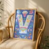 Letter V Floral Art Print - Girl Nursery Initial Poster - Whimsical Folk Flower Monogram - Baby Name Sign