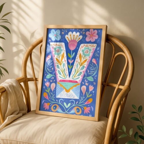 Letter V Floral Art Print - Girl Nursery Initial Poster - Whimsical Folk Flower Monogram - Baby Name Sign