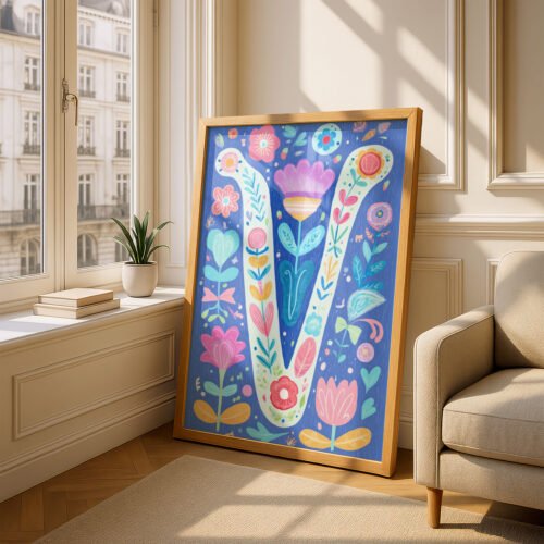 Letter V Floral Art Print - Girl Nursery Initial Poster - Whimsical Folk Flower Monogram - Baby Name Sign