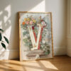 Letter V Botanical Monogram Poster - Cottagecore Nursery Decor - Vintage Floral Alphabet Wall Art - Retro Typography