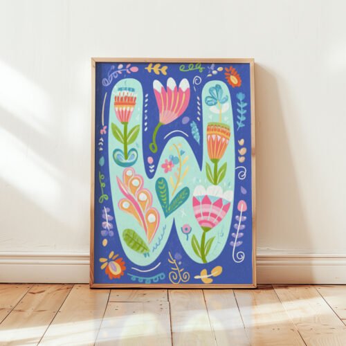 Letter W Floral Art Print - Girl Nursery Initial Poster - Whimsical Folk Flower Monogram - Baby Shower Gift