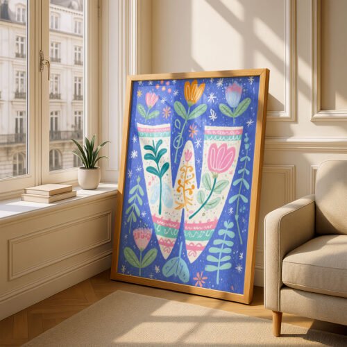 Letter W Floral Art Print - Girl Nursery Initial Poster - Whimsical Folk Flower Monogram - Baby Shower Gift