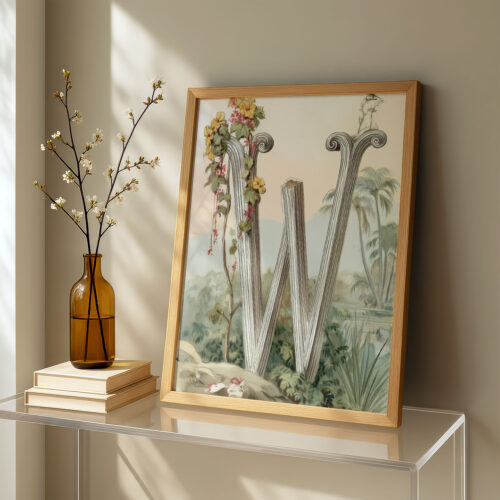 Letter W Vintage Floral Art Print - Victorian Garden Decor - Antique Botanical Monogram - Wedding Gift
