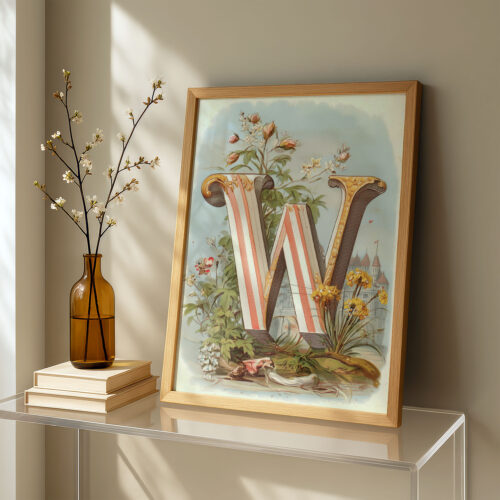 Letter W Vintage Floral Art Print - Victorian Garden Decor - Antique Botanical Monogram - Wedding Gift