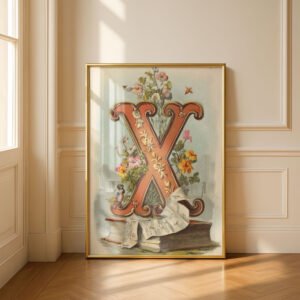 Letter X Vintage Floral Art Print - Victorian Garden Decor - Antique Botanical Monogram - Wedding Gift