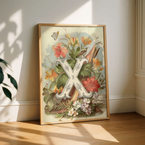 Letter X Vintage Floral Art Print - Victorian Garden Decor - Antique Botanical Monogram - Wedding Gift