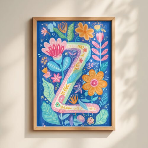 Letter Z Floral Art Print - Girl Nursery Initial Poster - Whimsical Folk Flower Monogram - Baby Name Sign