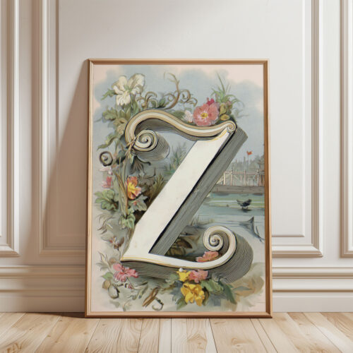 Letter Z Botanical Monogram Poster - Cottagecore Nursery Decor - Vintage Floral Alphabet Wall Art - Retro Typography