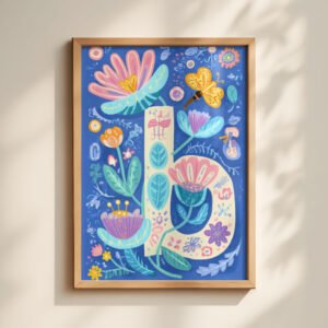 Letter B Floral Alphabet Decor -  Floral Initial Nursery Decor - Whimsical Folk Flower Monogram - Baby Shower Gift