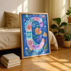 Letter C Floral Art Print - Girl Nursery Initial Poster - Whimsical Folk Flower Monogram - Baby Name Sign