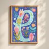 Letter E Floral Alphabet Decor - Girl Nursery Initial Poster - Whimsical Folk Flower Monogram - Baby Shower Gift