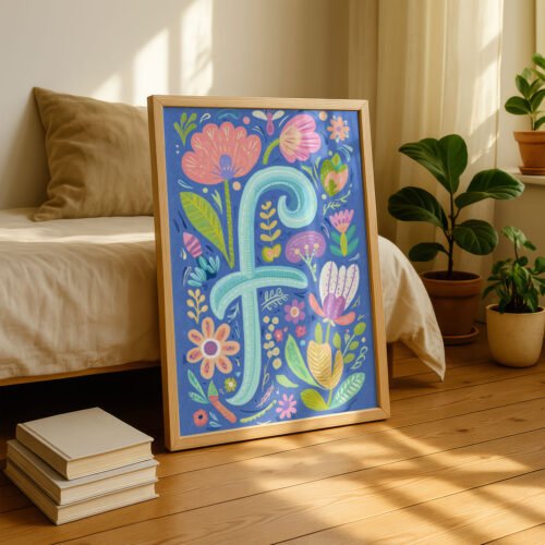 Letter F Floral Art Print -  Floral Initial Nursery Decor - Whimsical Folk Flower Monogram - Baby Name Sign
