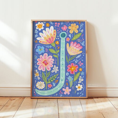 Letter J Floral Art Print -  Floral Initial Nursery Decor - Whimsical Folk Flower Monogram - Baby Shower Gift