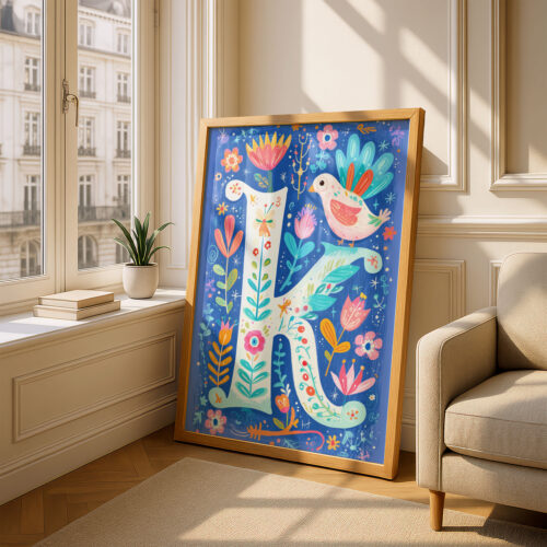 Letter K Floral Alphabet Decor - Girl Nursery Initial Poster - Colorfol Flower Monogram - Baby Shower Gift