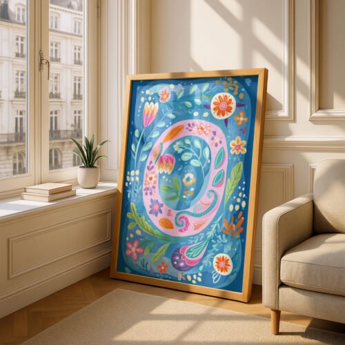 Letter O Floral Alphabet Decor - Girl Nursery Initial Poster - Whimsical Folk Flower Monogram - Baby Shower Gift