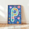 Letter P Floral Art Print - Girl Nursery Initial Poster - Whimsical Folk Flower Monogram - Baby Shower Gift