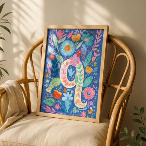 Letter Q Floral Alphabet Decor -  Floral Initial Nursery Decor - Whimsical Folk Flower Monogram - Baby Shower Gift