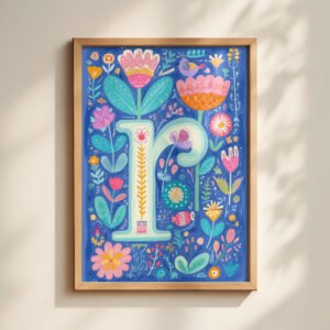 Letter R Floral Art Print - Girl Nursery Initial Poster - Whimsical Folk Flower Monogram - Baby Name Sign